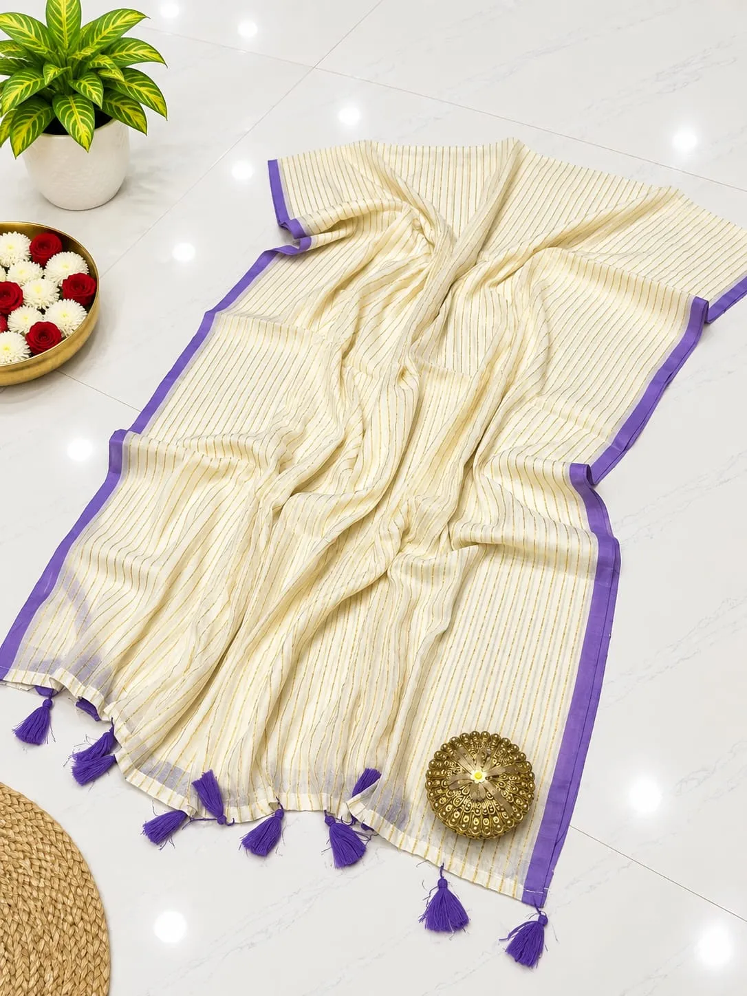 Ivory Purple Stripe Kerala Mull Cotton Saree